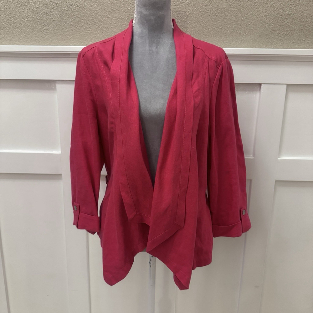 Chico's 100% Linen Roll-Tab Sleeve Open-Front Cardigan Jacket Size:2(L) Magenta